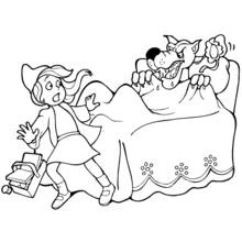 Little Red Riding Hood surprised by the wolf in bed coloring page