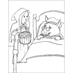 Little Red Riding Hood facing the wolf in bed coloring page
