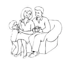 Family sitting on the couch with a gift coloring page