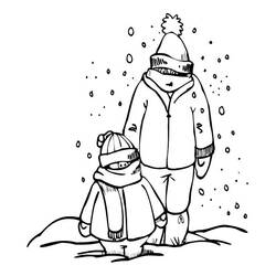 Dad and son walking in the snow coloring page