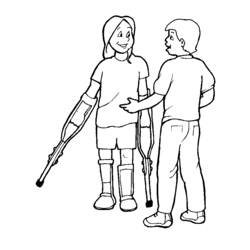 Girl with crutches talking to a friend coloring page
