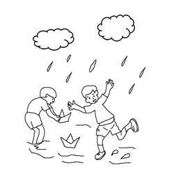 Two boys playing with paper boats in the rain coloring page
