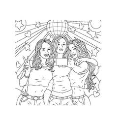 Three girls taking a selfie together coloring page