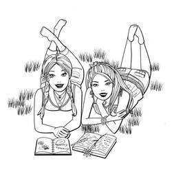 Two best friends lying in the grass reading coloring page