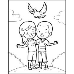 Two friends standing together with a dove above coloring page