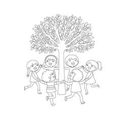 Children dancing around a tree coloring page