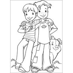 Two boys with arms around each other and a pig coloring page