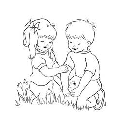 Two children looking at a little chick coloring page