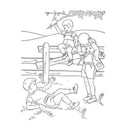 Three children playing near a fence coloring page