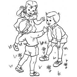 Children playing together in a flowery meadow coloring page
