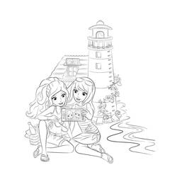 Two friends taking a selfie by the lighthouse coloring page