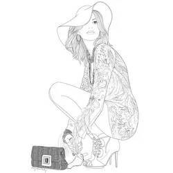 Fashionable girl crouching in a boho outfit coloring page