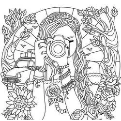Girl taking a photo with a camera coloring page