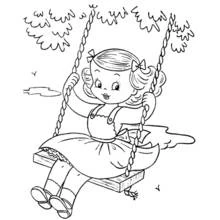 Little girl playing on a swing coloring page