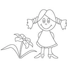 Little girl holding her pigtails next to a flower coloring page