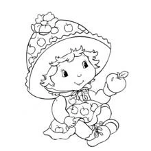 Little girl in a bonnet holding an apple coloring page