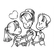 Mom hugging her two children coloring page