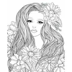 Teen girl portrait surrounded by flowers coloring page