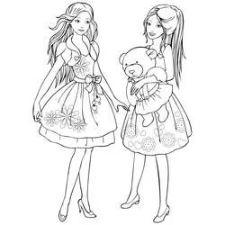Two teen girls in dresses with a teddy bear coloring page