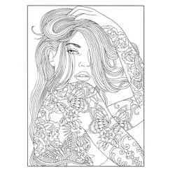 Teen girl with flowing hair and floral tattoos coloring page
