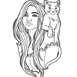 Teen Girl posing with her cat on her shoulder coloring page