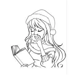 Teen girl drinking coffee with a book coloring page