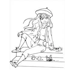 Teen girl sitting with ducks coloring page