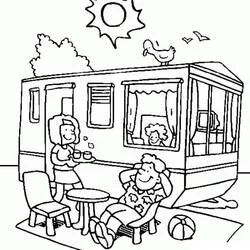 Family relaxing outside their camping trailer coloring page