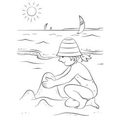 Child building a sandcastle at the beach coloring page