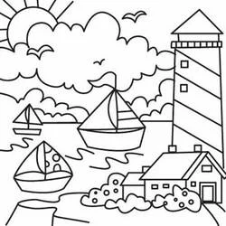 Lighthouse and sailboats by the sea coloring page