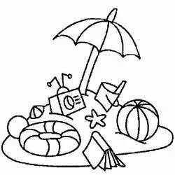 Beach umbrella with toys and ball coloring page