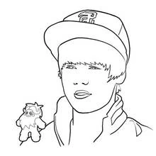 Justin Bieber wearing a cap with a small toy figure coloring page
