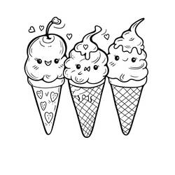 Three kawaii ice cream cones with cherry topping coloring page