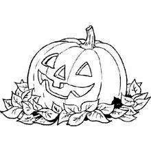 Pumpkin with a jack-o'-lantern face among leaves coloring page