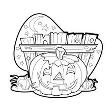 Pumpkin with jack-o'-lantern face by a wooden fence coloring page