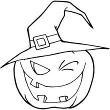 Pumpkin winking with a witch hat coloring page
