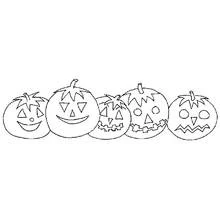 Row of five Halloween pumpkins with carved faces coloring page