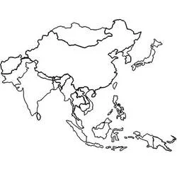 Asia map featuring China, India, Japan coloring page