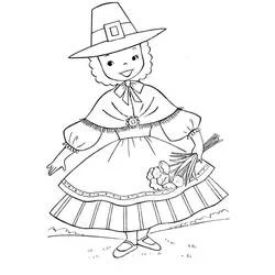 Little girl in traditional pilgrim costume coloring page