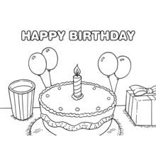 Birthday cake with candle and balloons coloring page