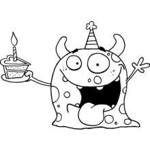 Monster holding a birthday cake slice coloring page