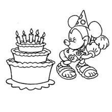 Mickey Mouse next to a birthday cake coloring page