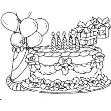 Birthday cake with candles, balloons and gifts coloring page