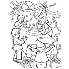 Birthday party with cake and friends coloring page