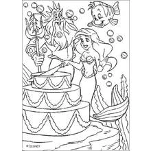 Ariel and Triton slicing a three-tier birthday cake coloring page