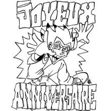 Boy jumping with joyful birthday message coloring page