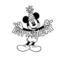 Mickey Mouse holding a Happy Birthday banner coloring page