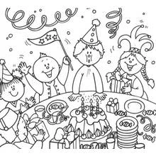 Children celebrating a birthday party coloring page