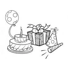 Birthday cake, gift box, balloon and party hat coloring page