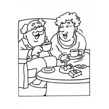Grandpa and grandma sharing tea coloring page